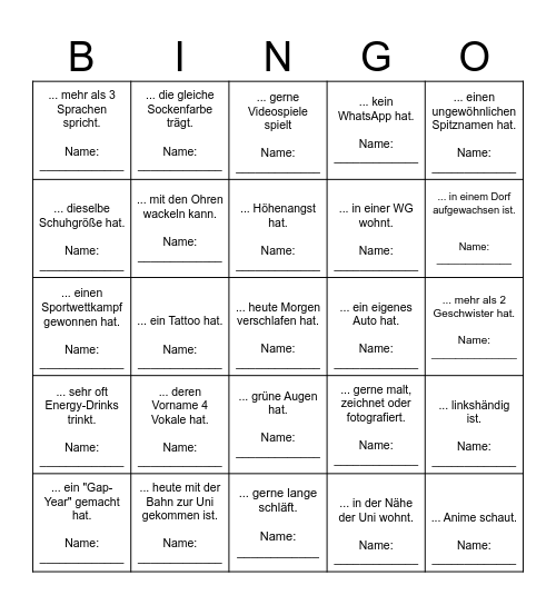 Finde eine Person, die ... Bingo Card