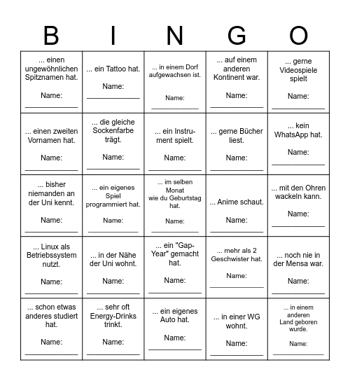 Finde eine Person, die ... Bingo Card