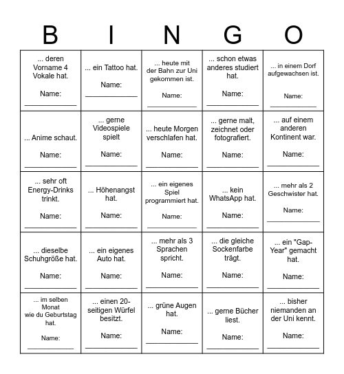 Finde eine Person, die ... Bingo Card