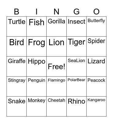 Animal Bingo Card