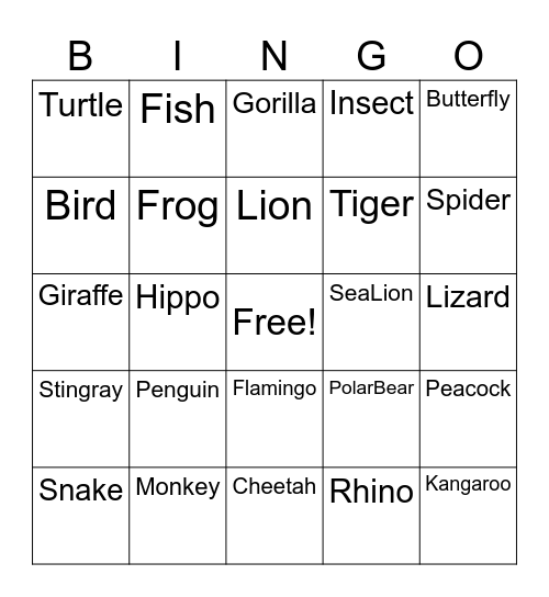 Animal Bingo Card