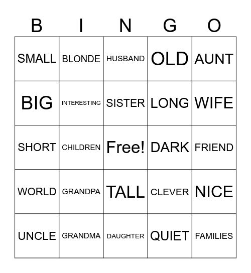 VOCABULARY Bingo Card