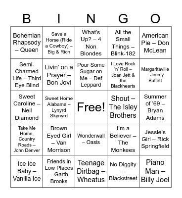 Bar Sing-Alongs Bingo Card