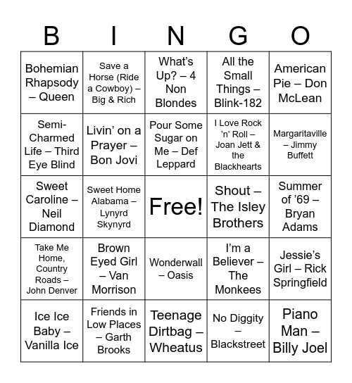 Bar Sing-Alongs Bingo Card
