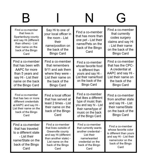 Meet an AAPC Co-Member Bingo Card