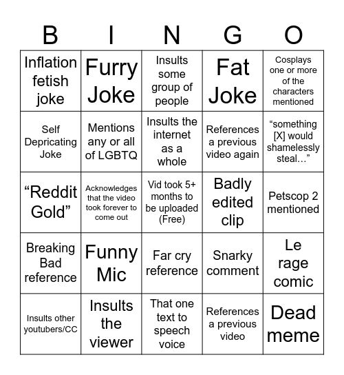 Bingocynical Bingo Card
