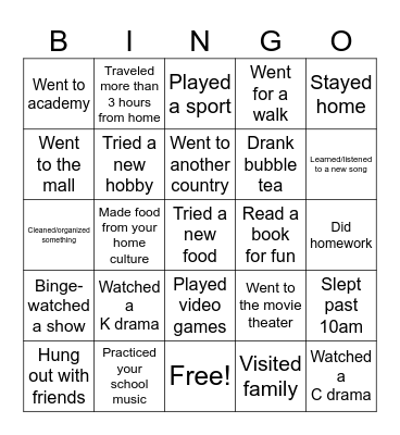 International School Spring Break Bingo Card