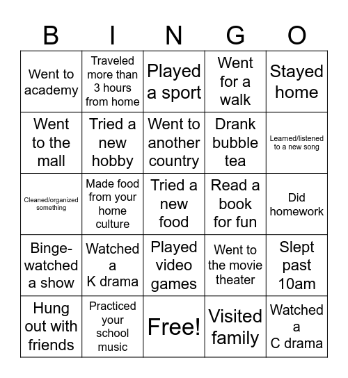 International School Spring Break Bingo Card