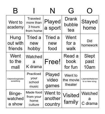 International School Spring Break Bingo Card