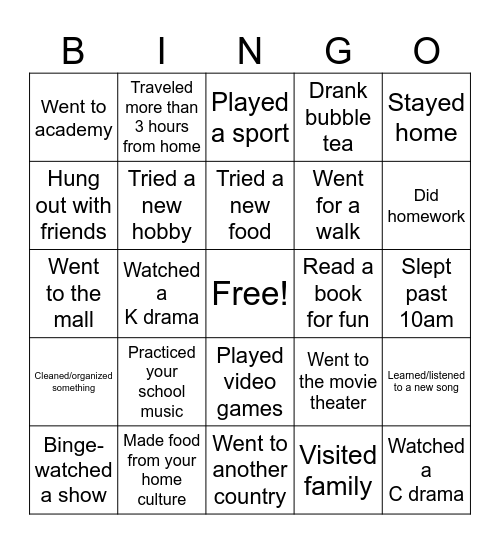 International School Spring Break Bingo Card