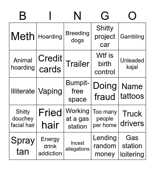 White Trash Bingo Card