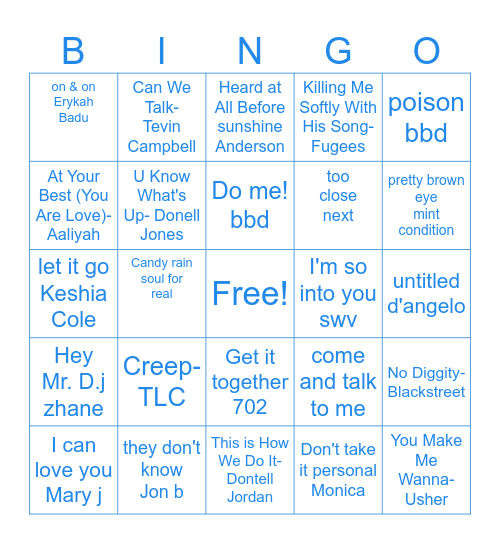 90's R&B Bingo Card