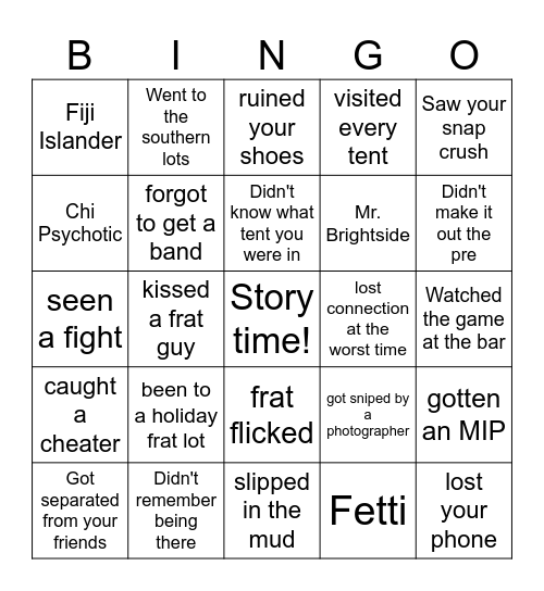 frat lot Bingo Card