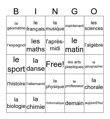 Vive la classe! Bingo Card