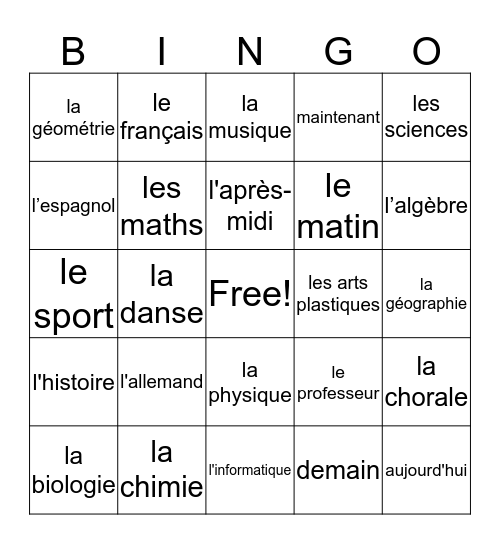 Vive la classe! Bingo Card