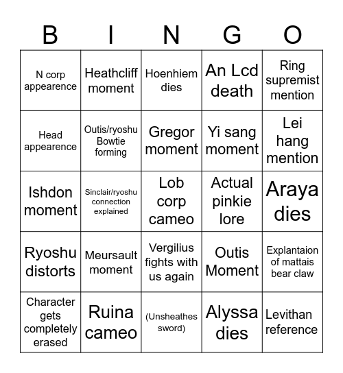 Limbus company canto 9 bingo Card