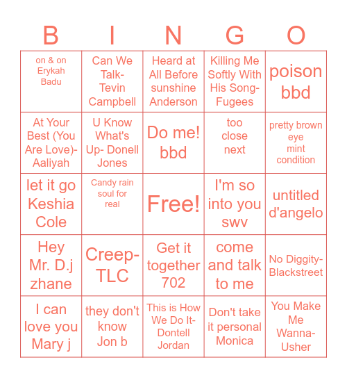90's R&B Bingo Card