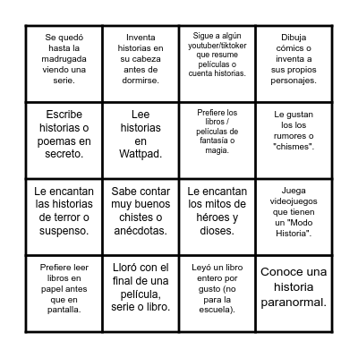 Bingo sobre historias Bingo Card
