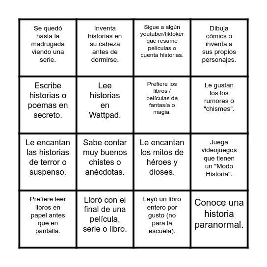 Bingo sobre historias Bingo Card