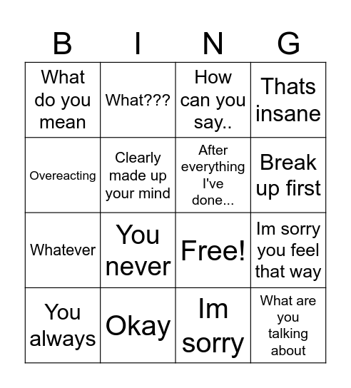 bad boyfriend bingo Card