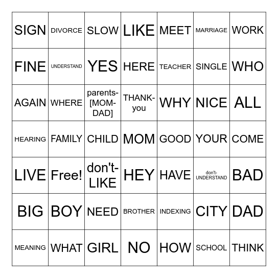 ASL University Lesson 1-3 Review Bingo Card