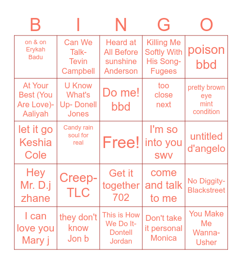 90's R&B Bingo Card