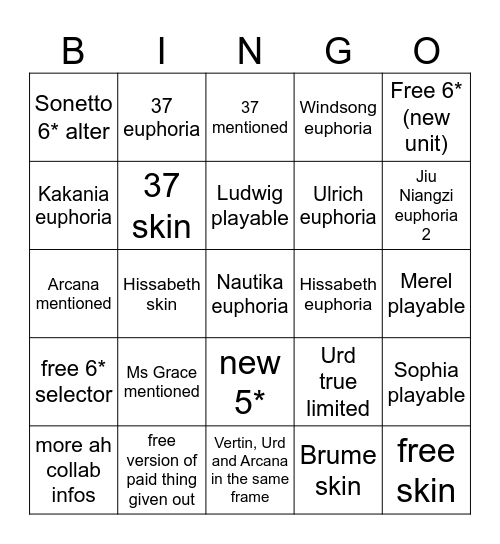 Reverse:1999 3.7 bingo card Bingo Card