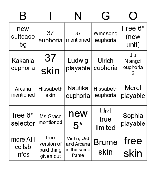 Reverse:1999 3.7 bingo card Bingo Card