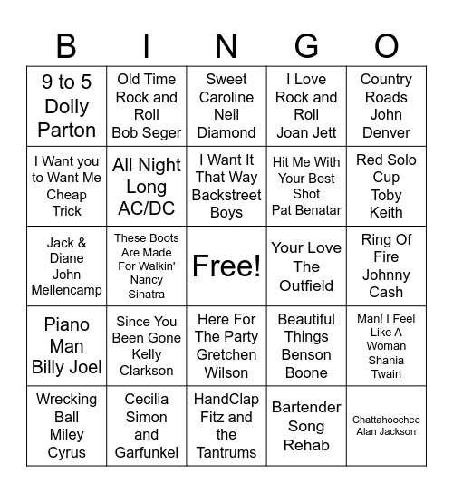 Singin' All The Songs Bingo Card