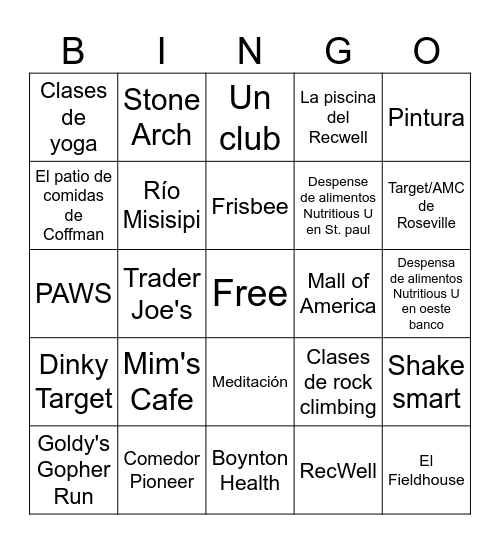 Actividades o lugares de este año Bingo Card