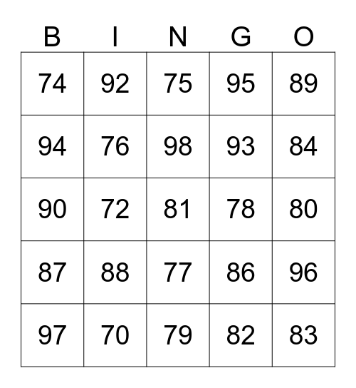 Cijfers 70-99 Bingo Card