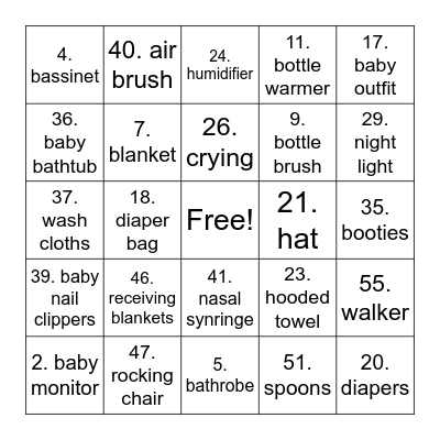 Baby shower Bingo Card