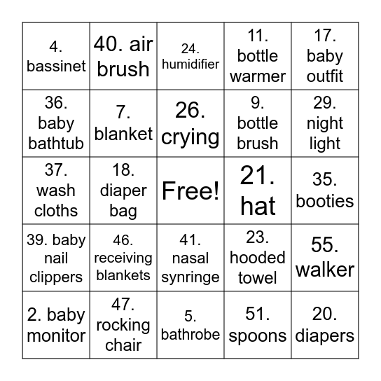 Baby shower Bingo Card