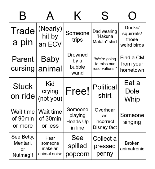 DAK Bingo! Bingo Card
