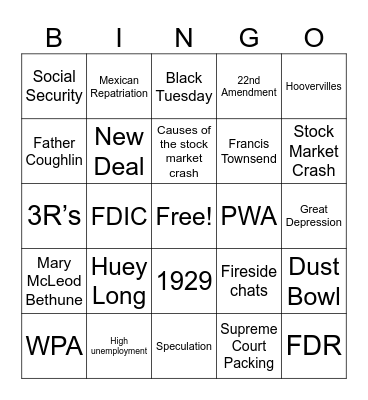 Great Depression and New Deal Bingo Card