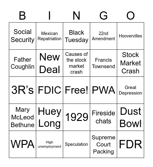 Great Depression and New Deal Bingo Card