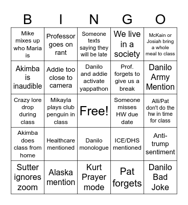 Class Bingo #2 Bingo Card