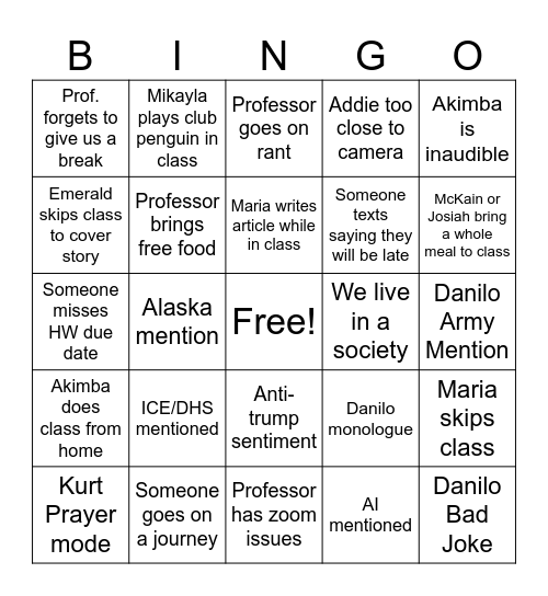 Class Bingo #2 Bingo Card