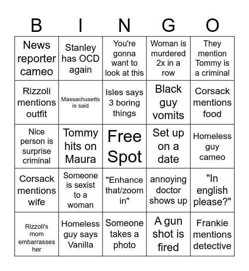Rizzoli and Isles Bingo Card