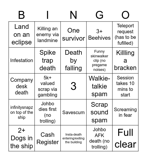Modded Lethal Bingo Card