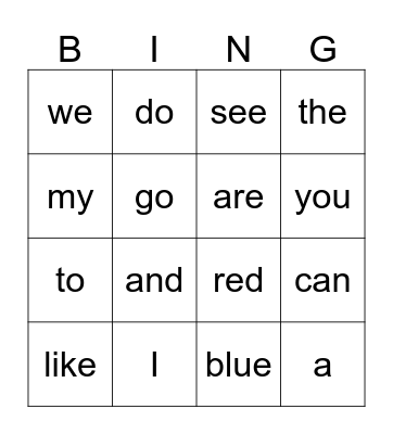 Sight Words Bingo Card