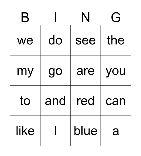 Sight Words Bingo Card