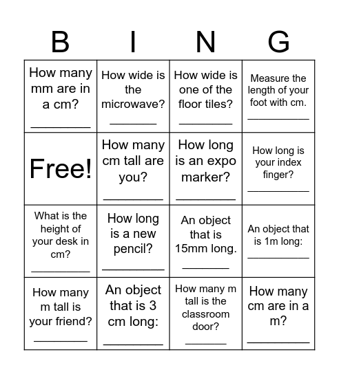 Measurement Bingo Card