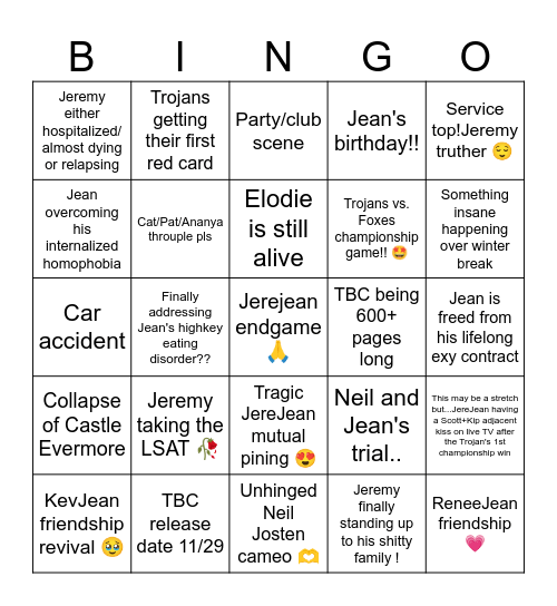 TBC Predictions Bingo Card