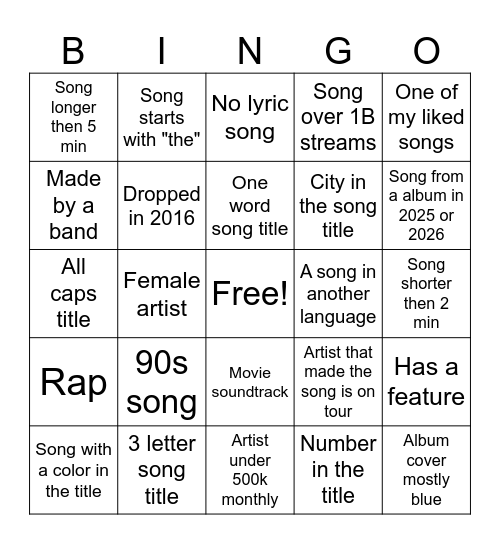 Spotify Bingo Card