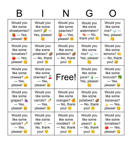 B3 L11Would you like some eggs? 🥚 — Yes, please! 😊 Bingo Card