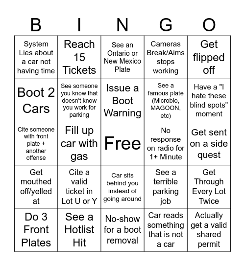 Parking Service Bingo Card