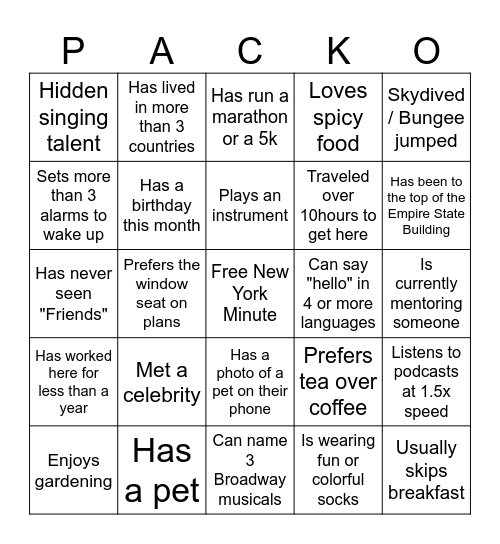 PACKO Bingo Card