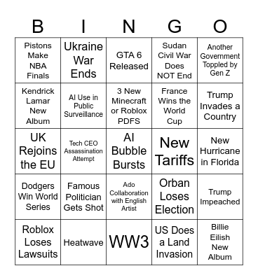 April 2026 to December 2026 Bingo Card Bingo Card