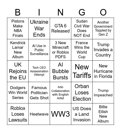 April 2026 to December 2026 Bingo Card Bingo Card